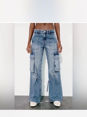 Zara Mid Wash Wide-Leg Cargo Jeans with Strap Detail